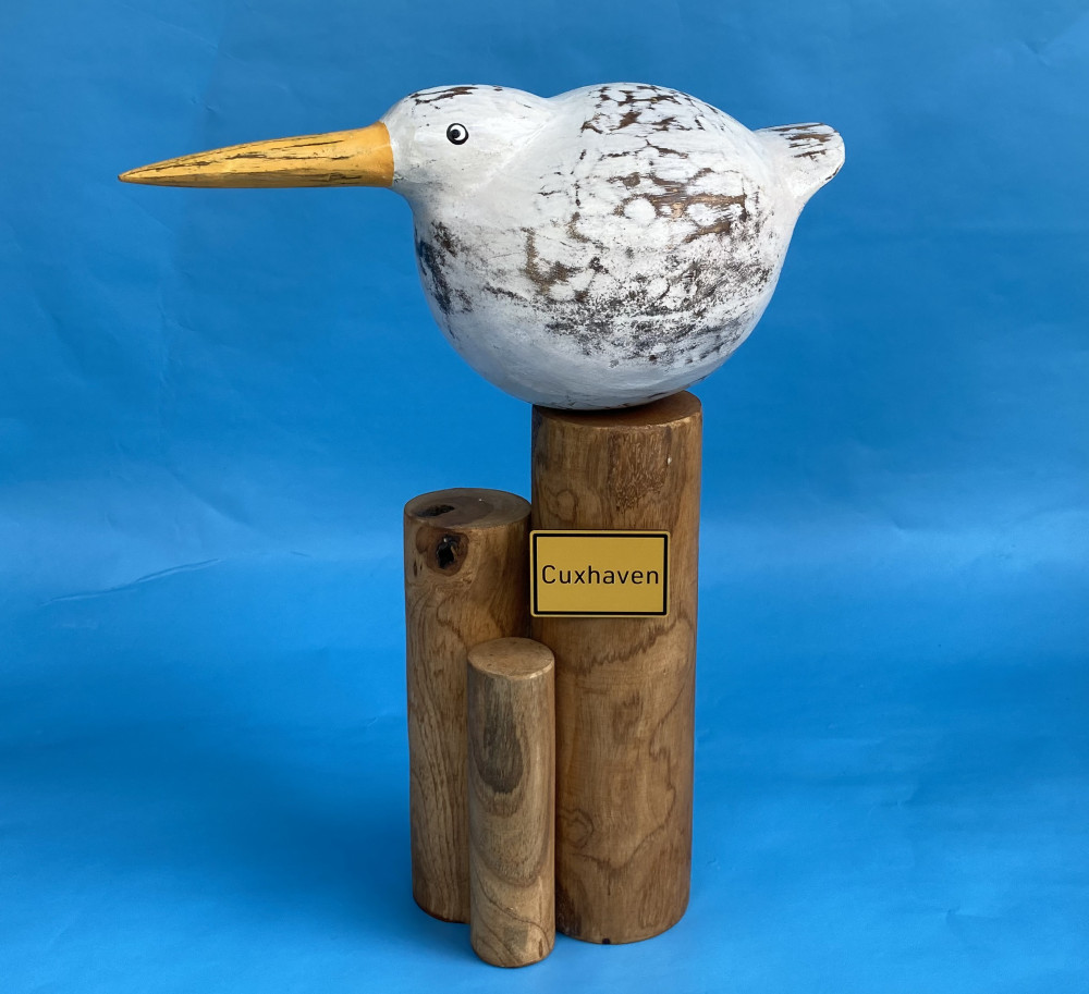 Möwe auf Poller Holz ca. 40 cm Ortsschild Moin