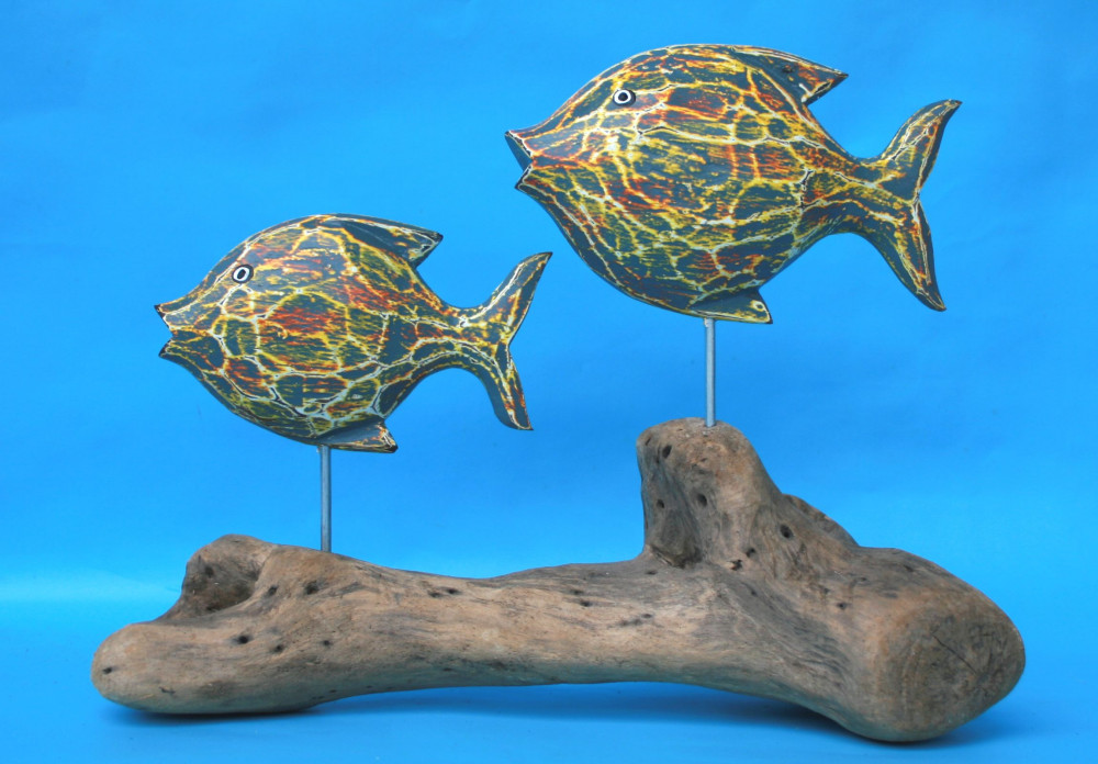 Preview: Zwei Fische aus Holz auf Treibholz - flach