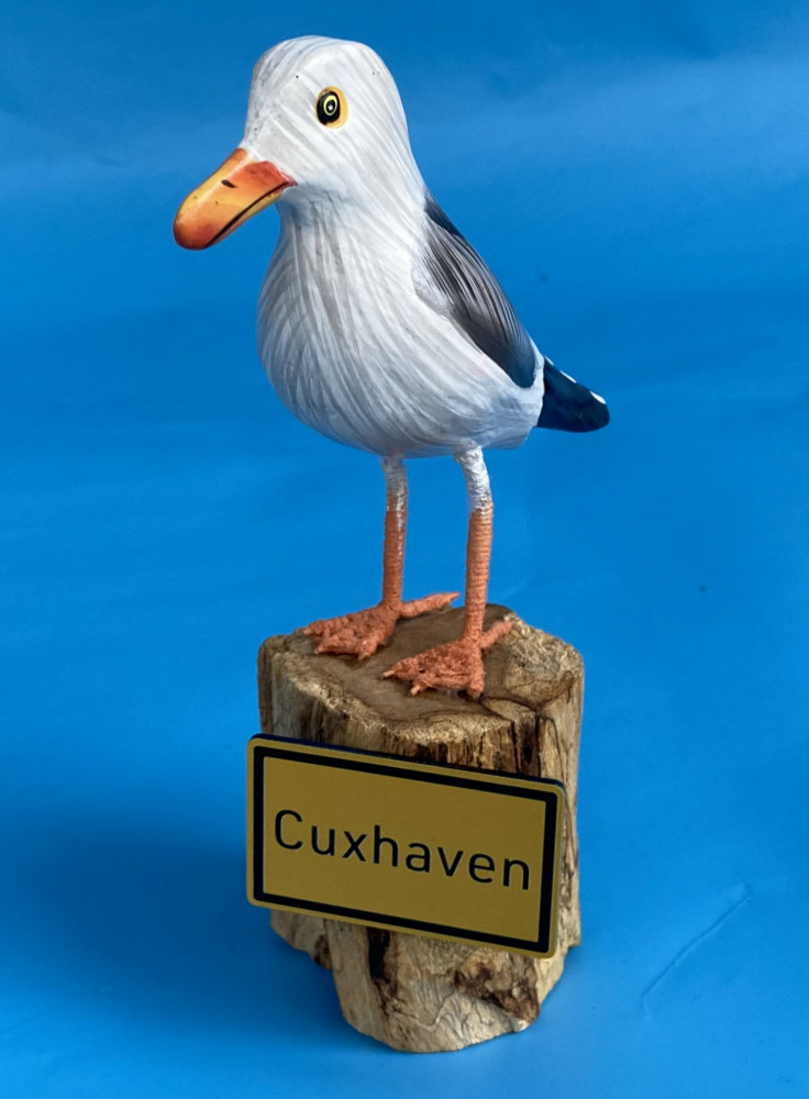 Möwe auf Poller ca. 16 cm Ortsschild Moin
