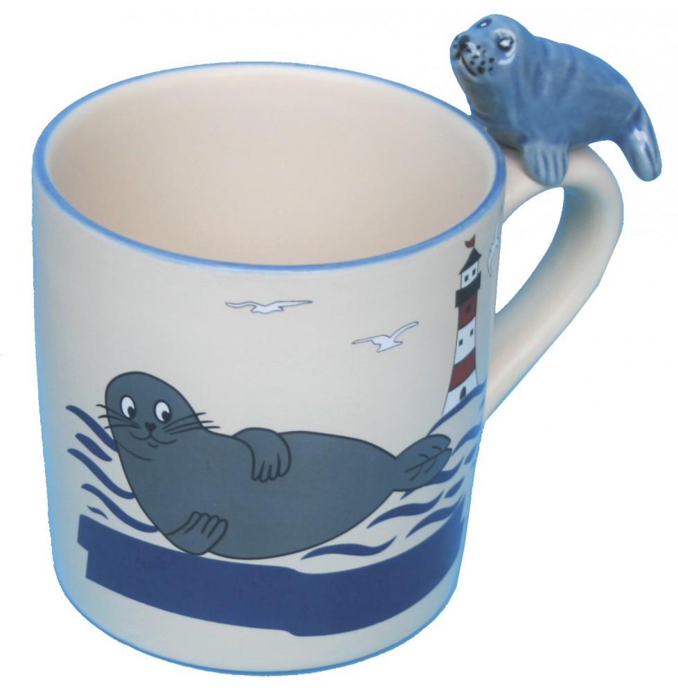 Kaffeebecher mit Seehund auf Henkel